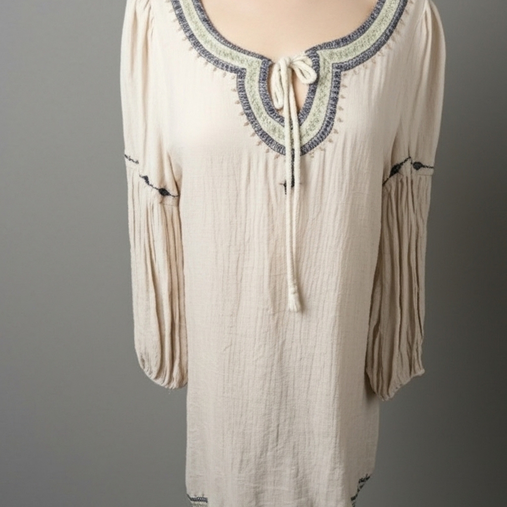 Yahada Cream Long-Sleeve Embroidered Peasant Dress